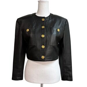 Andrew Marc Black Leather Cropped Jacket Gold Button Military Moto Women 12